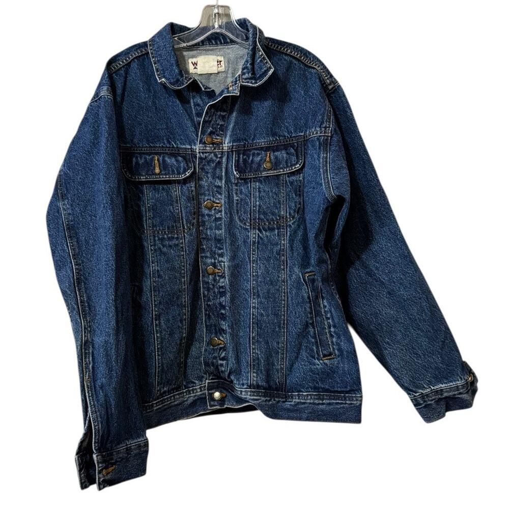 Wrangler Rugged Wear Jean Jacket‎ Men Measured Blue Dark Denim Coat Trucker VTG